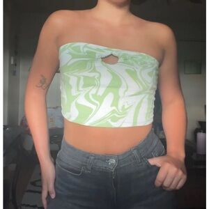 green/white strapless top